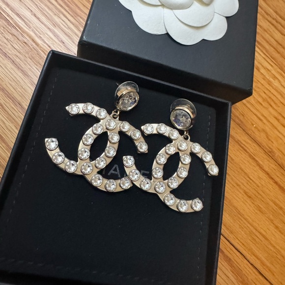 CHANEL Accessories - CHANEL Crystal-Embellished Double C Drop Earrings in Silver-Tone